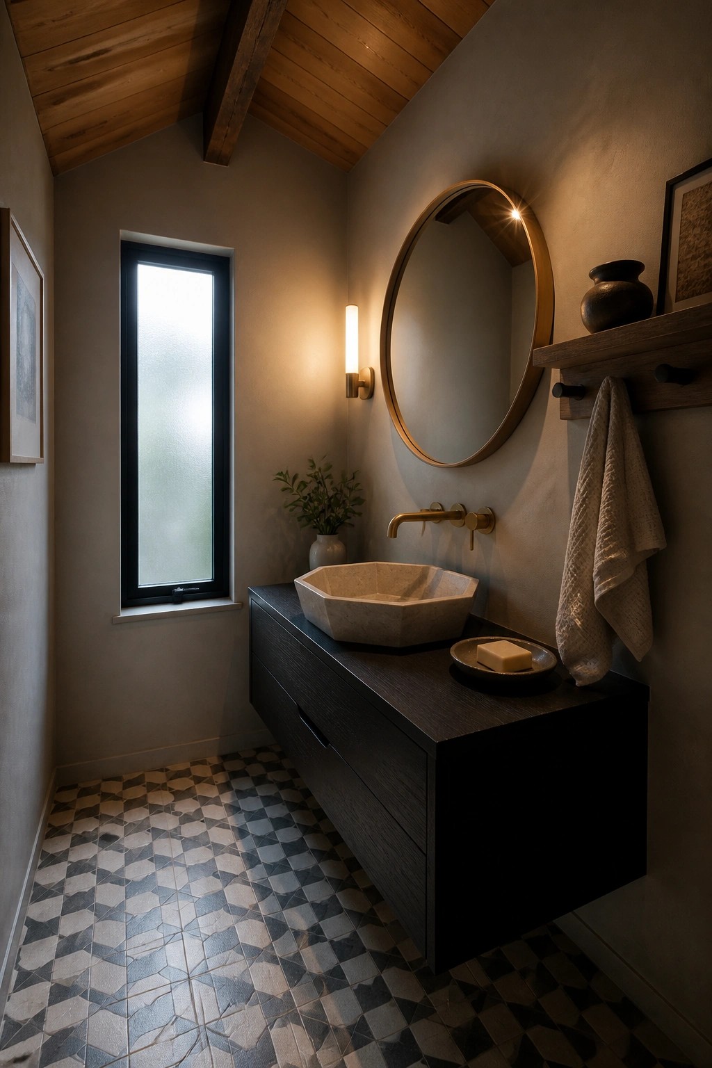 A narrow bathroom with a vaulted wood ceiling, dark floating vanity, stone vessel sink, round mirror, and tall frosted window on the left wall.