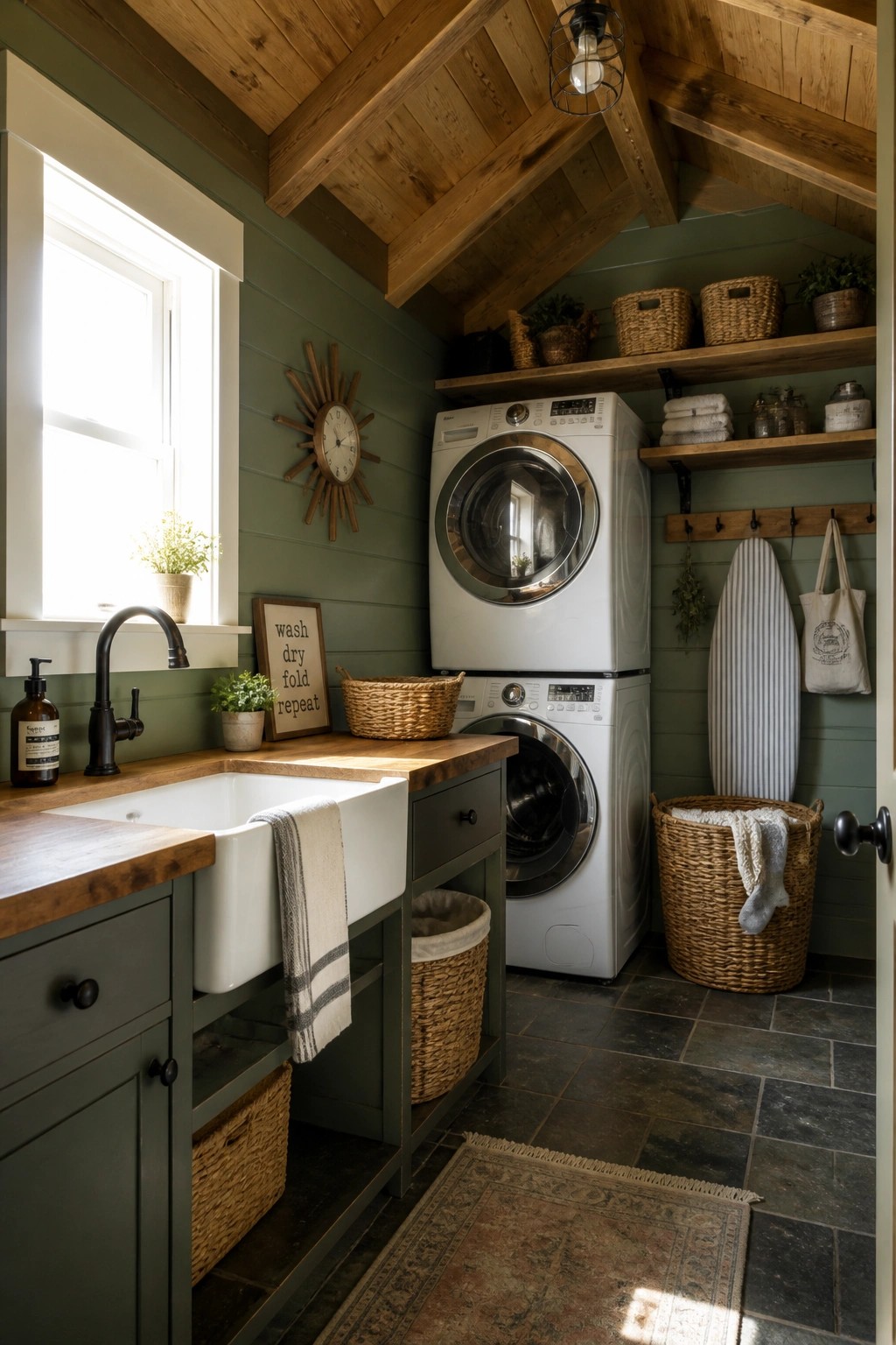 A compact laundry room with a vaulted wood ceiling, exposed beams, stacked washer and dryer, white farmhouse sink, and green painted walls.