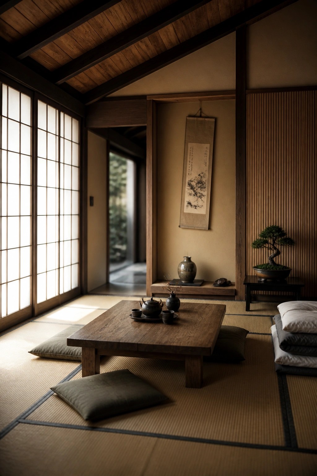 A Japanese-style room with a vaulted wood ceiling, shoji screens, a low wooden table on tatami mats, and a hanging scroll on the wall.