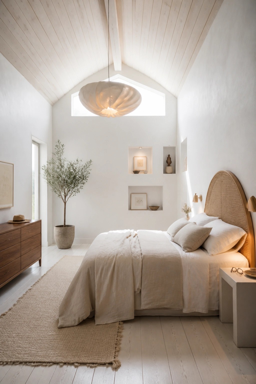 A bedroom with a high vaulted white wood ceiling, a skylight, and a large pendant light hanging above the bed.