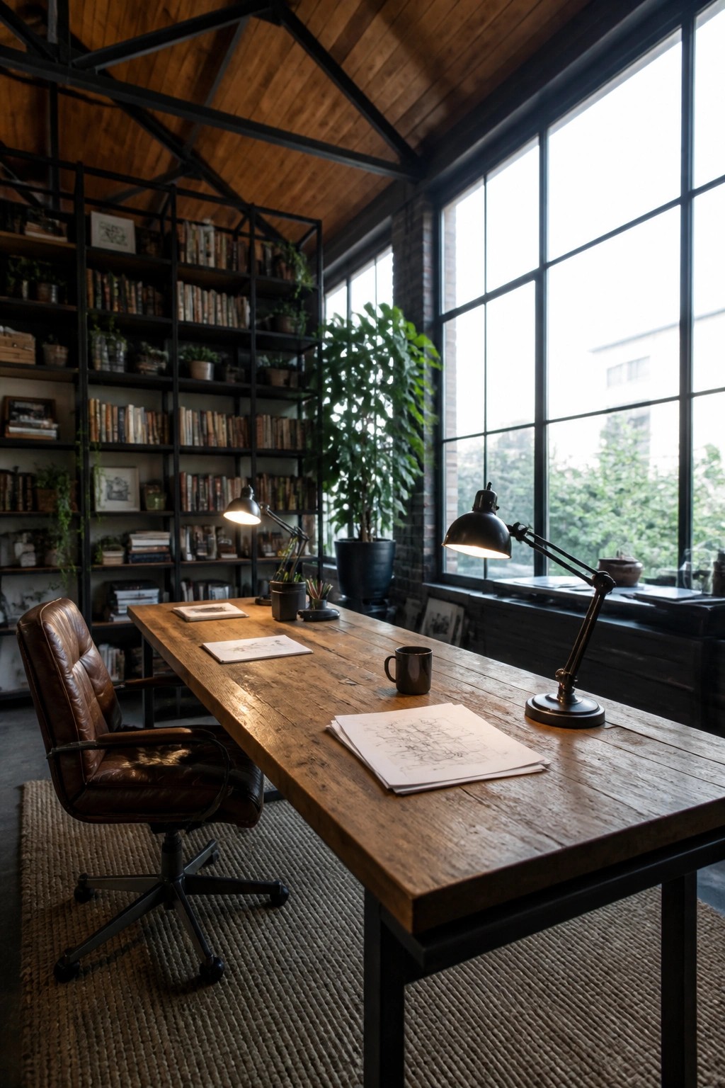 Interior view of a home office with a vaulted wood ceiling, exposed black metal beams, a long wooden desk, leather chair, and tall bookshelves along one wall.