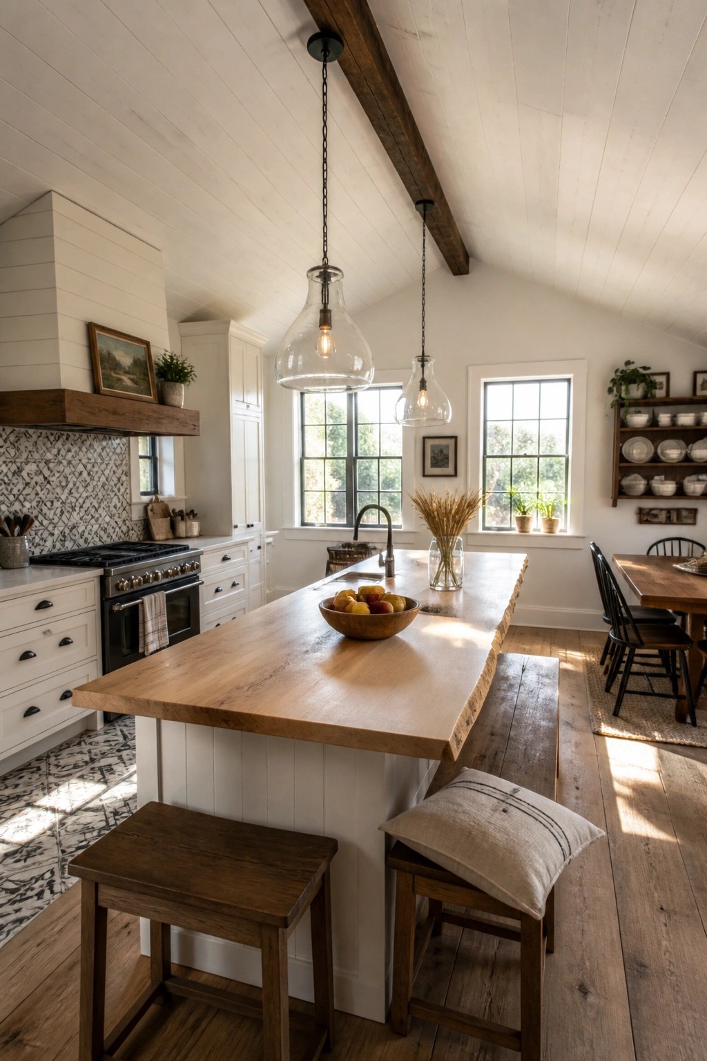 Rustic white kitchen with wooden island, pendant lights, stools, and dining table