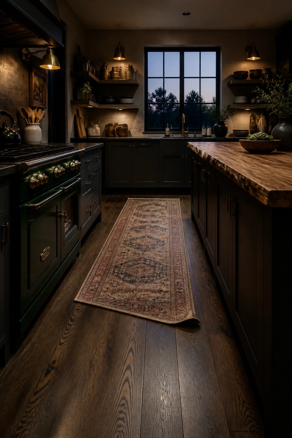 A kitchen with dark wide-plank wood flooring, a long patterned runner rug, and dark cabinetry along both sides.