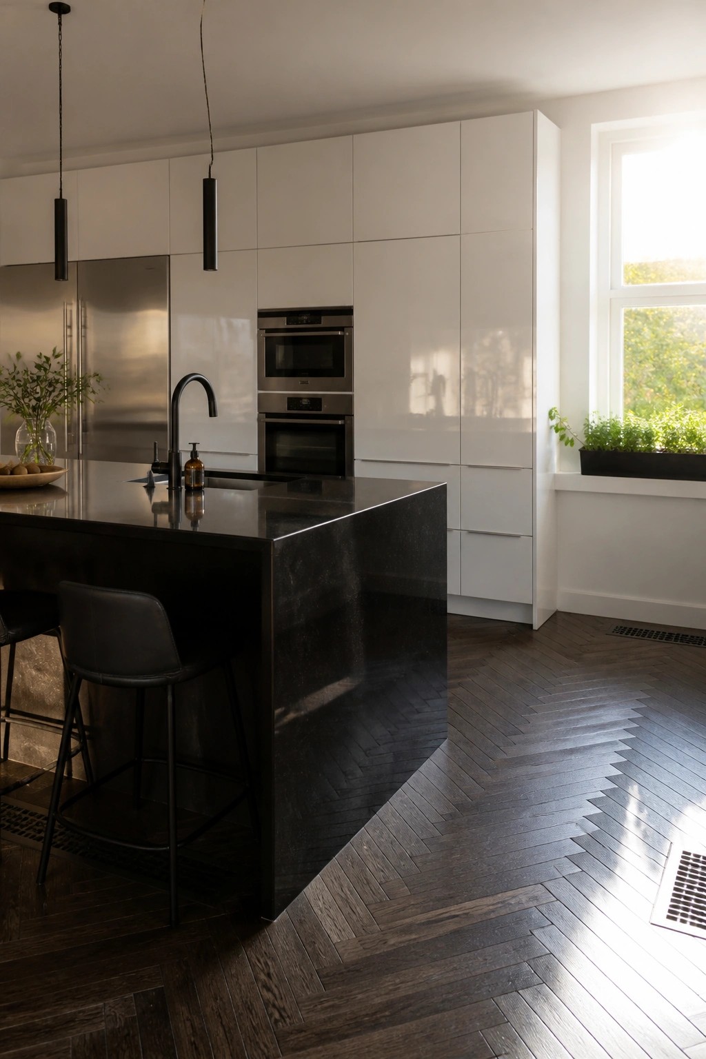 A modern kitchen with white cabinets, a black central island, black bar stools, and dark herringbone wood flooring.