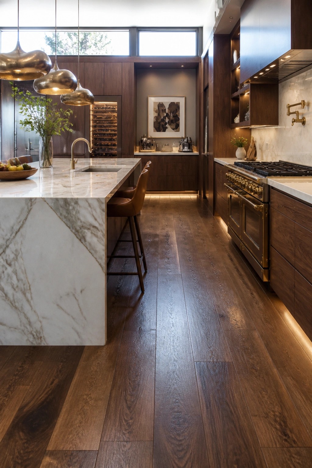 A modern kitchen with dark wood flooring, a white marble island, brown leather bar stools, and dark wood cabinets along the walls.