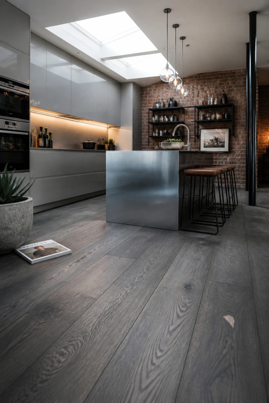 Modern kitchen interior with dark wood plank flooring, gray flat-panel cabinets, stainless steel island, and exposed brick wall.