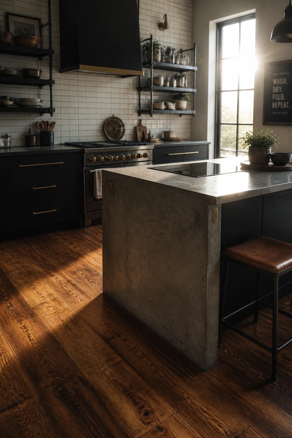 A kitchen interior featuring dark wood flooring, a concrete island with an induction cooktop, black cabinets, and open black shelving against a white tile backsplash.