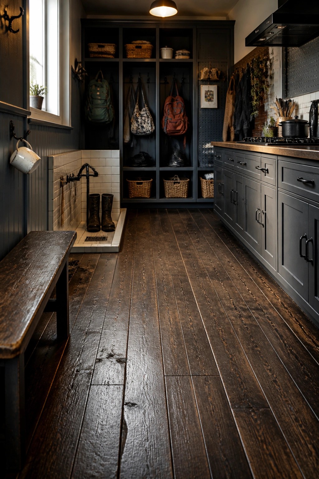A narrow interior mudroom and kitchen space with dark wood plank flooring, built-in dark storage units, a wooden bench, and visible kitchen counters on the right.