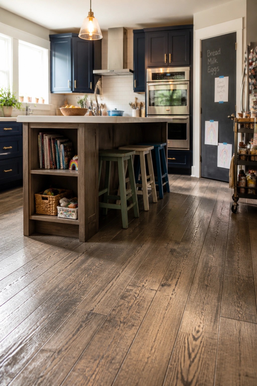 A kitchen interior featuring wide dark wood plank flooring, a central island with open shelving, three stools, and navy cabinets.