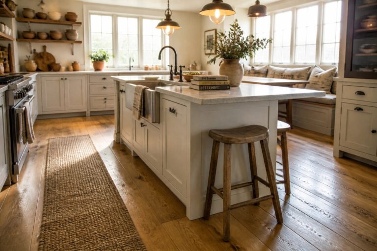 A bright kitchen with white cabinets, a marble-topped island, black fixtures, and wide plank hardwood flooring running the length of the room.
