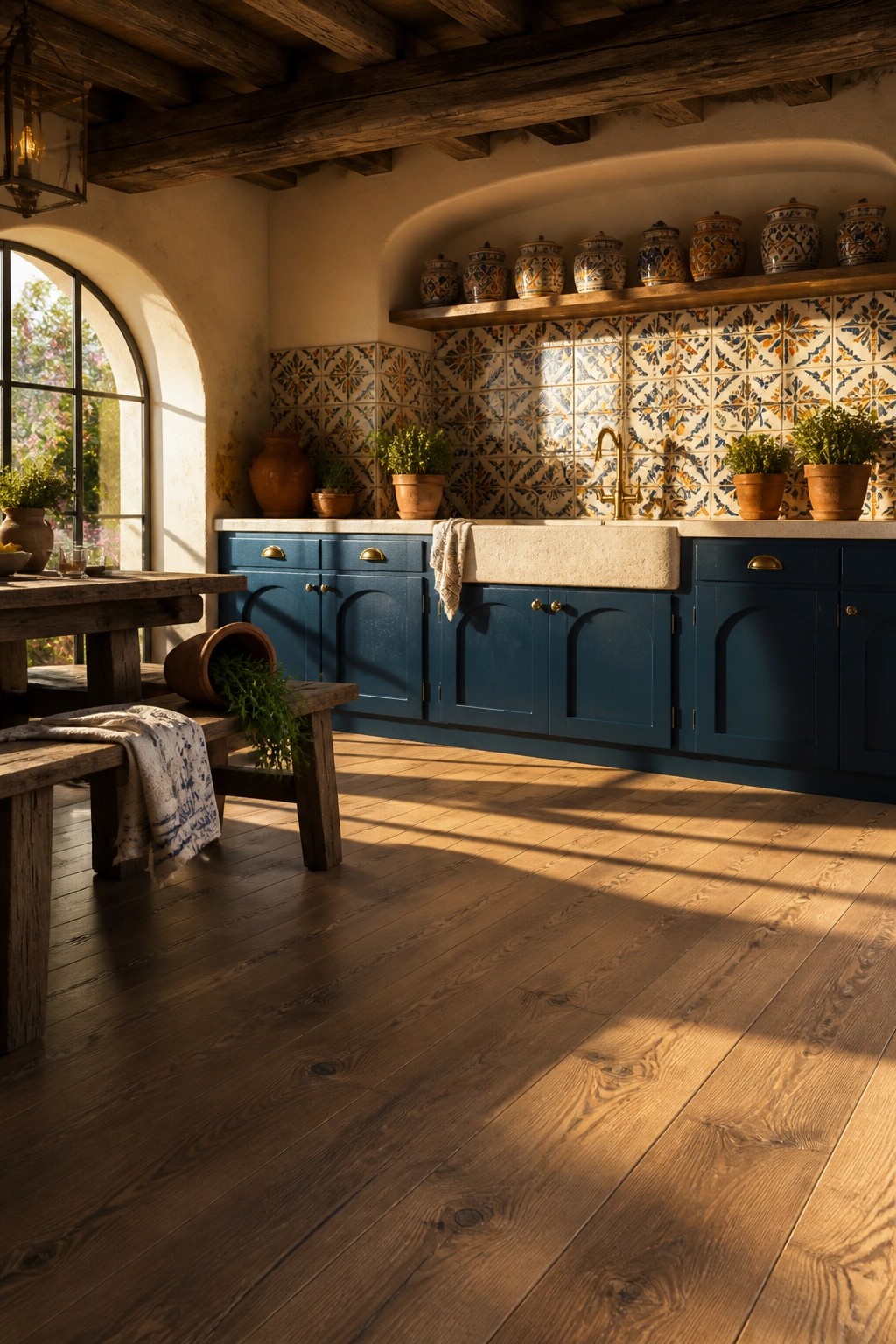 A rustic kitchen interior with blue cabinets, a stone farmhouse sink, colorful tile backsplash, wooden ceiling beams, and wide dark wood flooring lit by sunlight from an arched window.