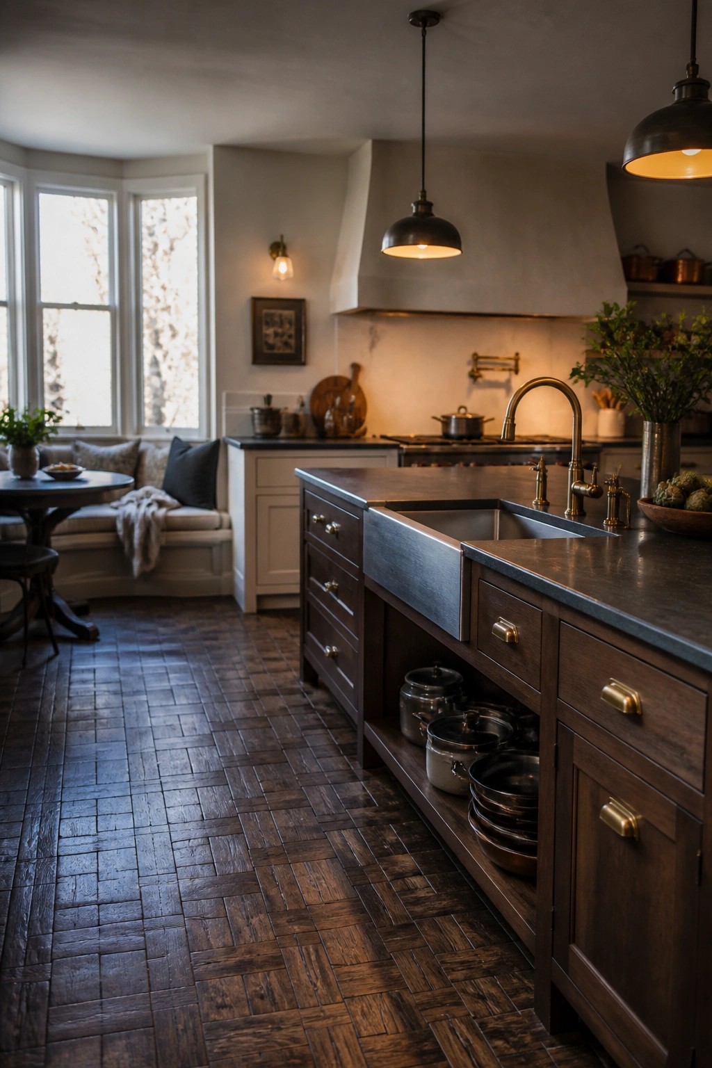 Rustic kitchen with dark wood island, farmhouse sink, and pendant lights.