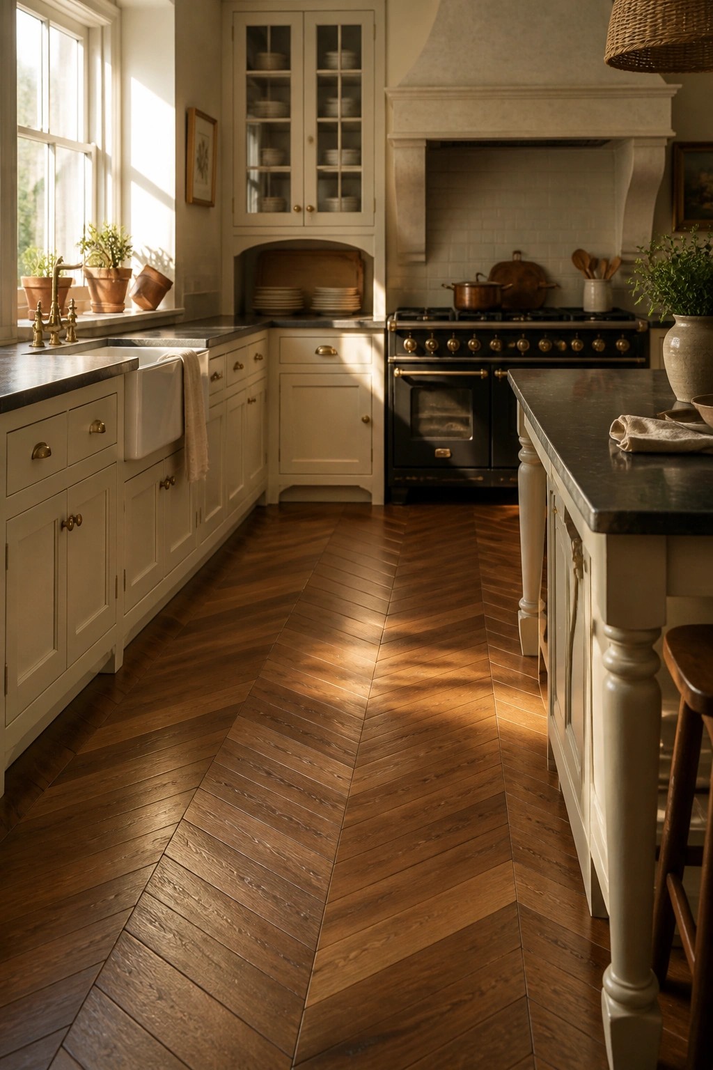 A kitchen interior with white cabinets, a black range, dark stone counters, and dark wood flooring laid in a herringbone pattern.