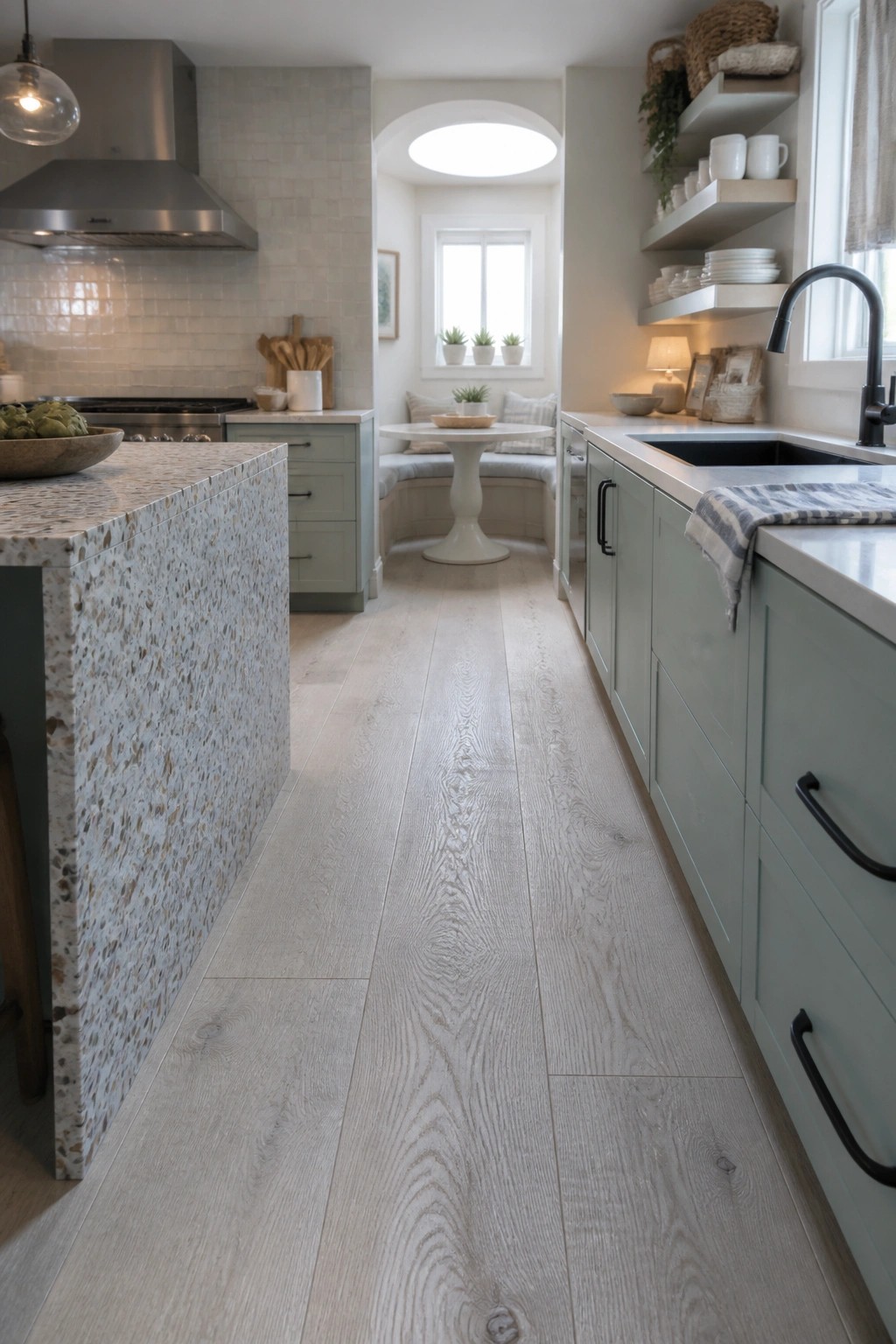 A kitchen interior with light wood plank flooring, sage green cabinets, a terrazzo island, and a round white table in a recessed seating area.