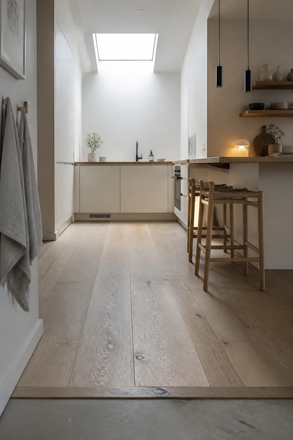 A bright kitchen interior with light wood plank flooring, white cabinets, a skylight above the sink, and wooden bar stools along the counter.