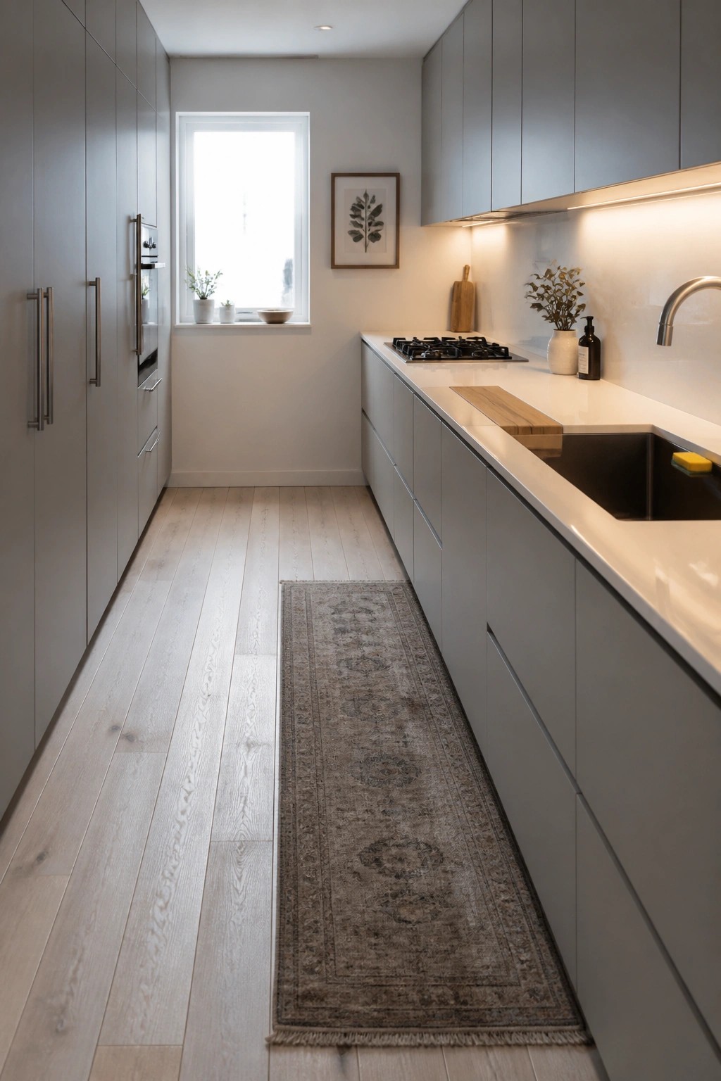 Modern narrow kitchen with gray cabinets, white counters, wood floors, and runner rug