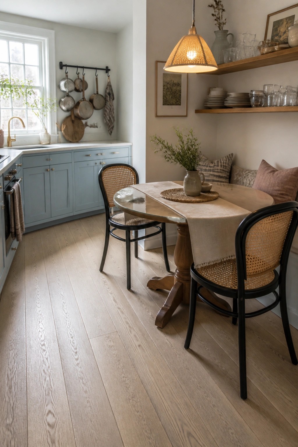 A kitchen and dining area with light wood flooring, blue cabinets, a round wooden table, and black chairs with woven seats.