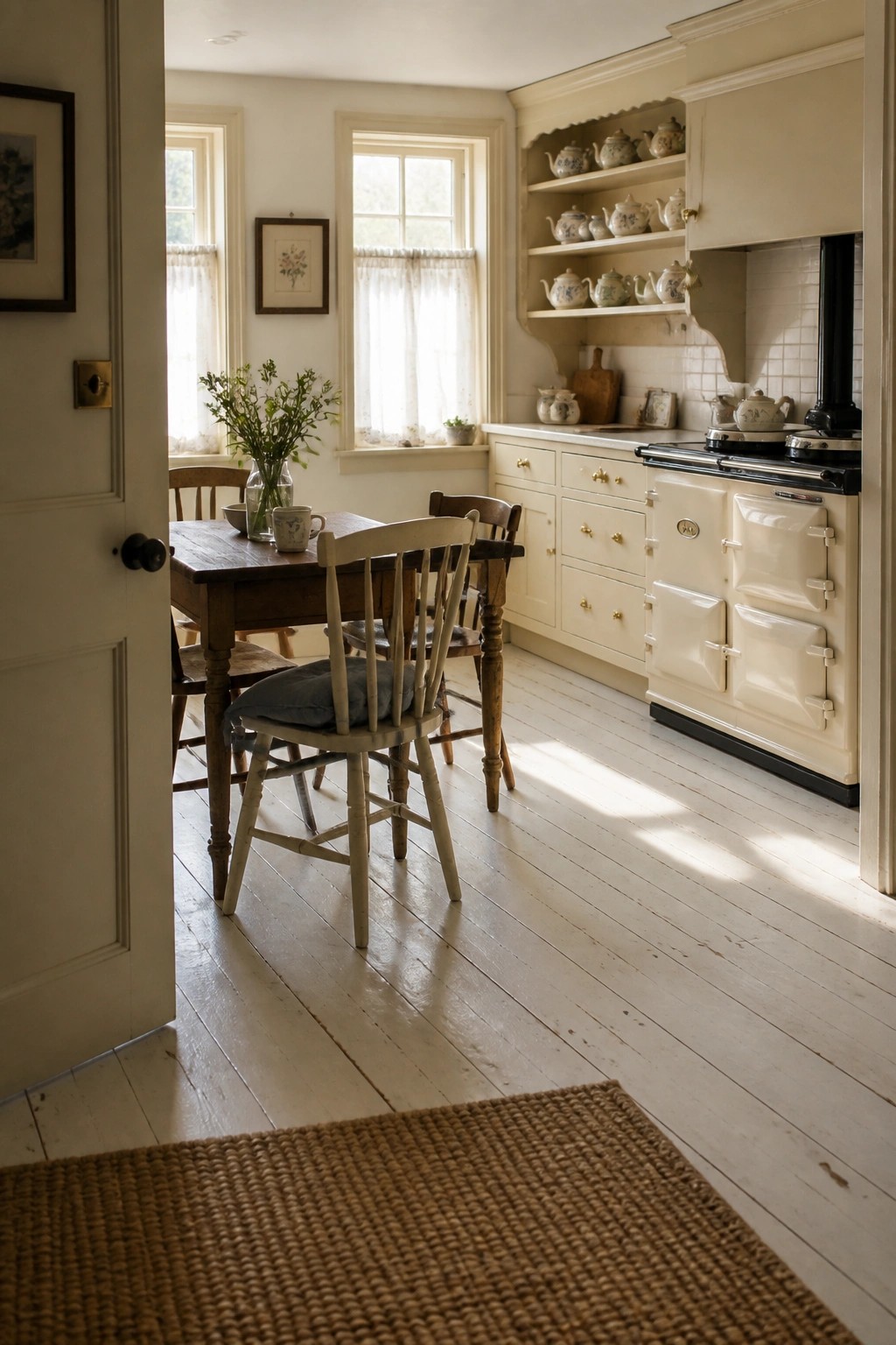 A kitchen with pale painted wood flooring, cream cabinets, a black range cooker, open shelving with teapots, and a wooden dining table near two windows.