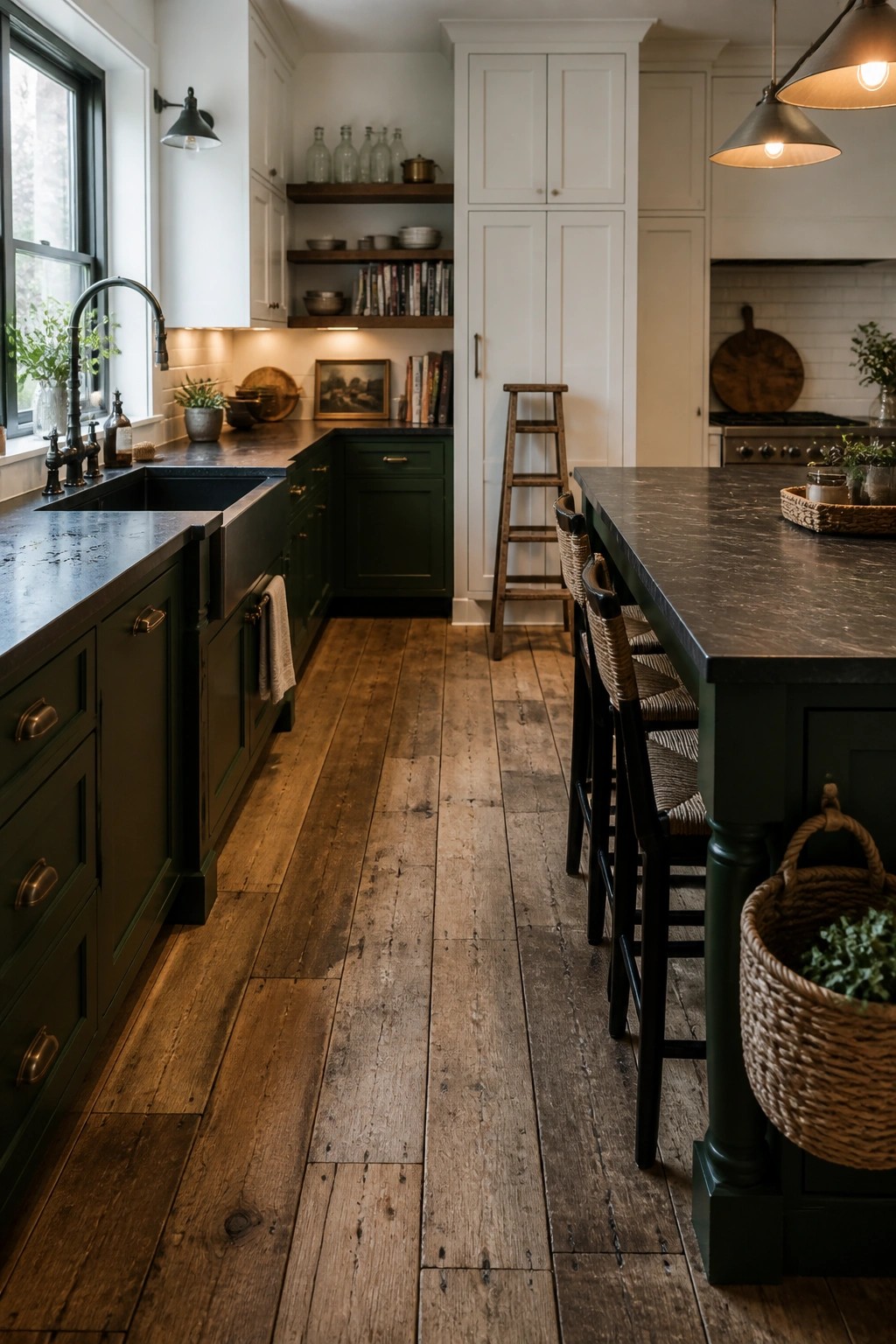 A kitchen interior with dark green lower cabinets, white upper cabinets, open wooden shelves, a dark stone island with woven bar stools, and wide plank reclaimed wood flooring.