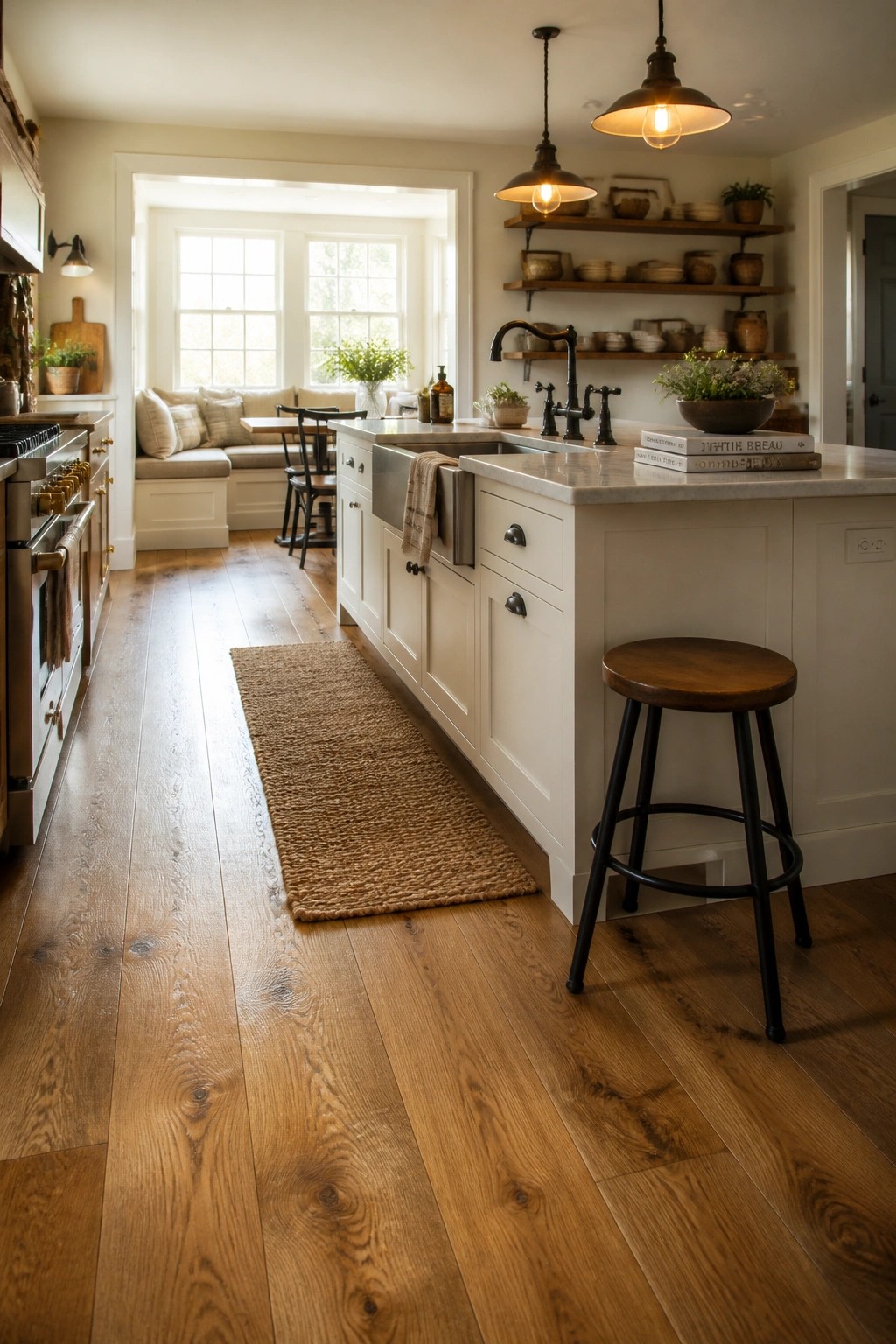A bright kitchen with white cabinets, a marble-topped island, black fixtures, and wide plank hardwood flooring running the length of the room.