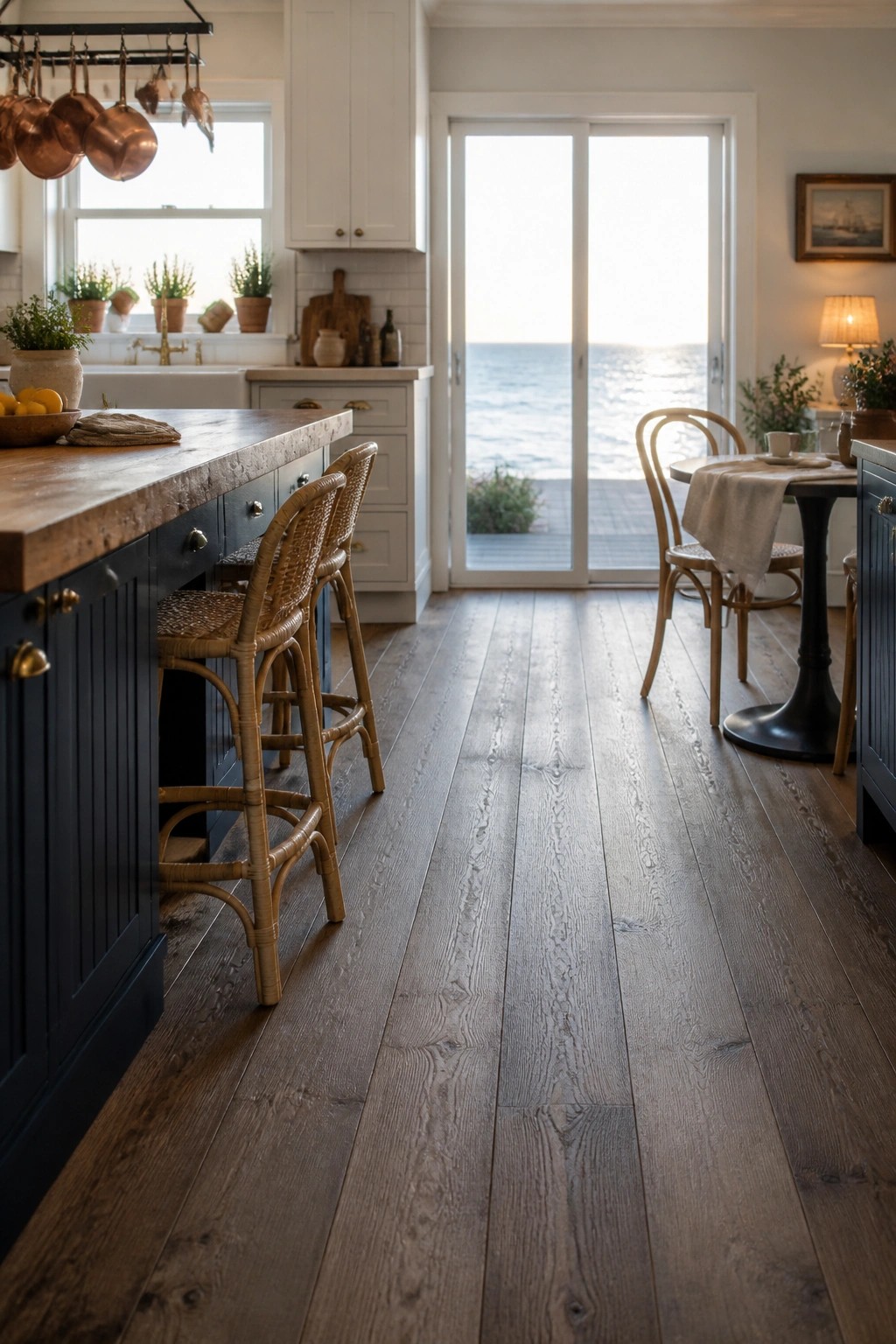A kitchen with wide dark wood plank flooring, a wooden island with woven bar stools, white cabinets, and sliding glass doors opening to an ocean view.