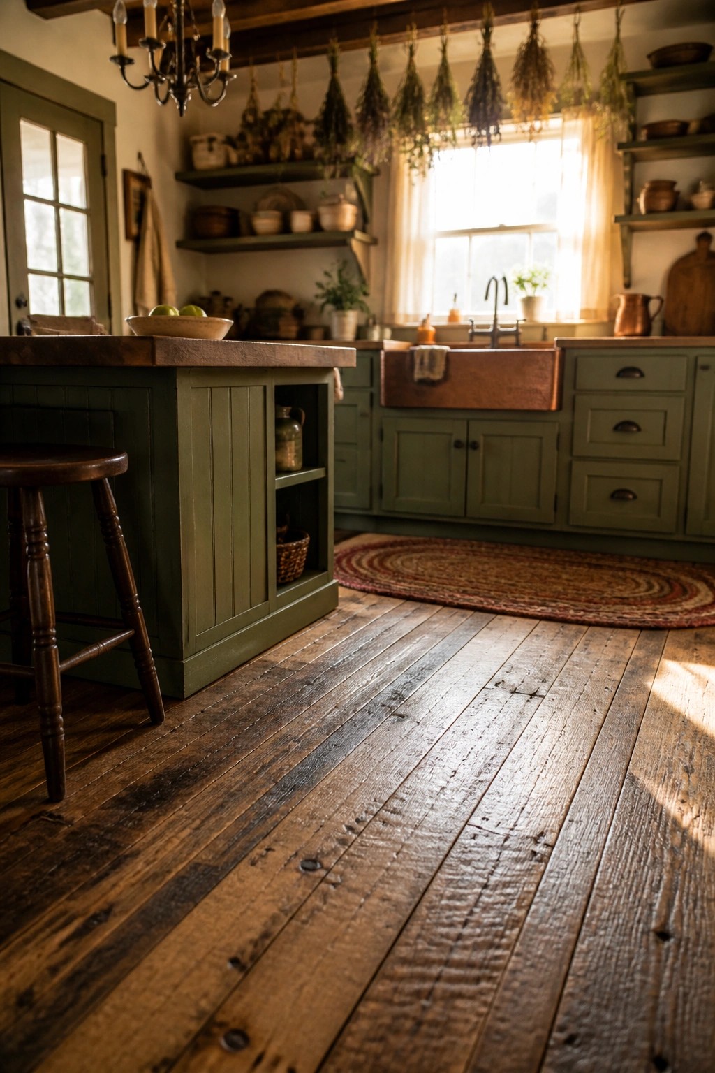 A kitchen interior showing wide plank wooden flooring, green painted cabinets, a wooden island with a stool, and a copper farmhouse sink under a window.