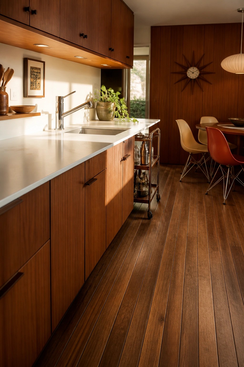 A kitchen with white countertops, a stainless steel sink and faucet, dark wood cabinets, and matching dark wood flooring that extends into a dining area with molded plastic chairs.