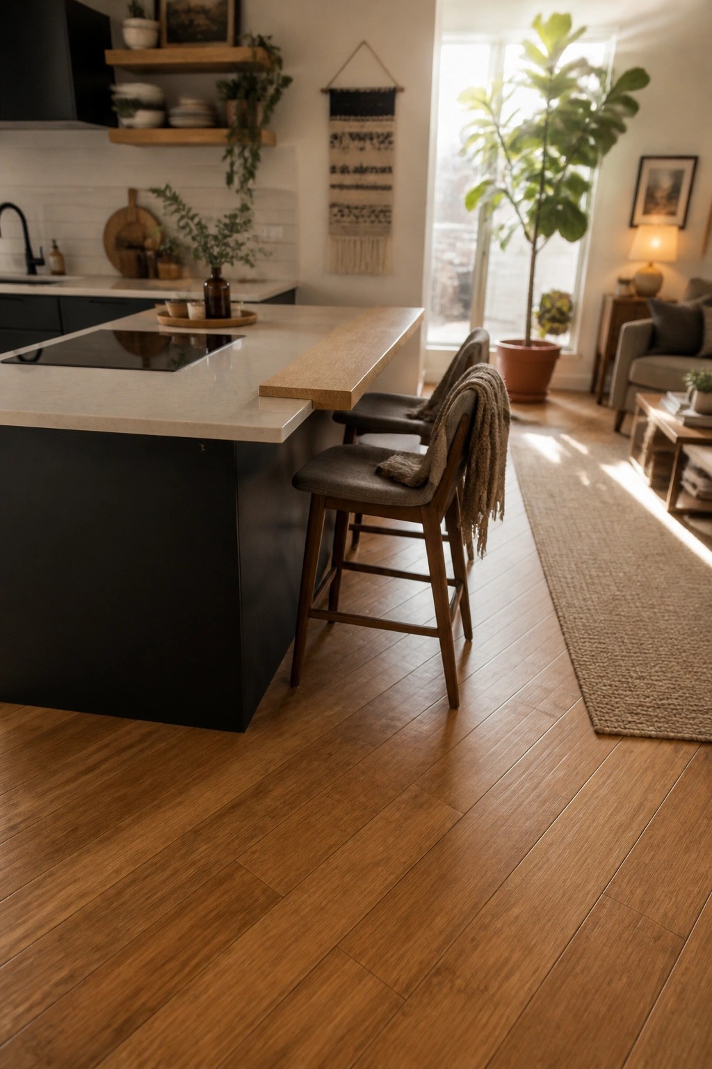 Modern kitchen with a dark island, white countertop, two wooden bar stools on warm hardwood flooring, and an open view into a living room with plants and a large window.