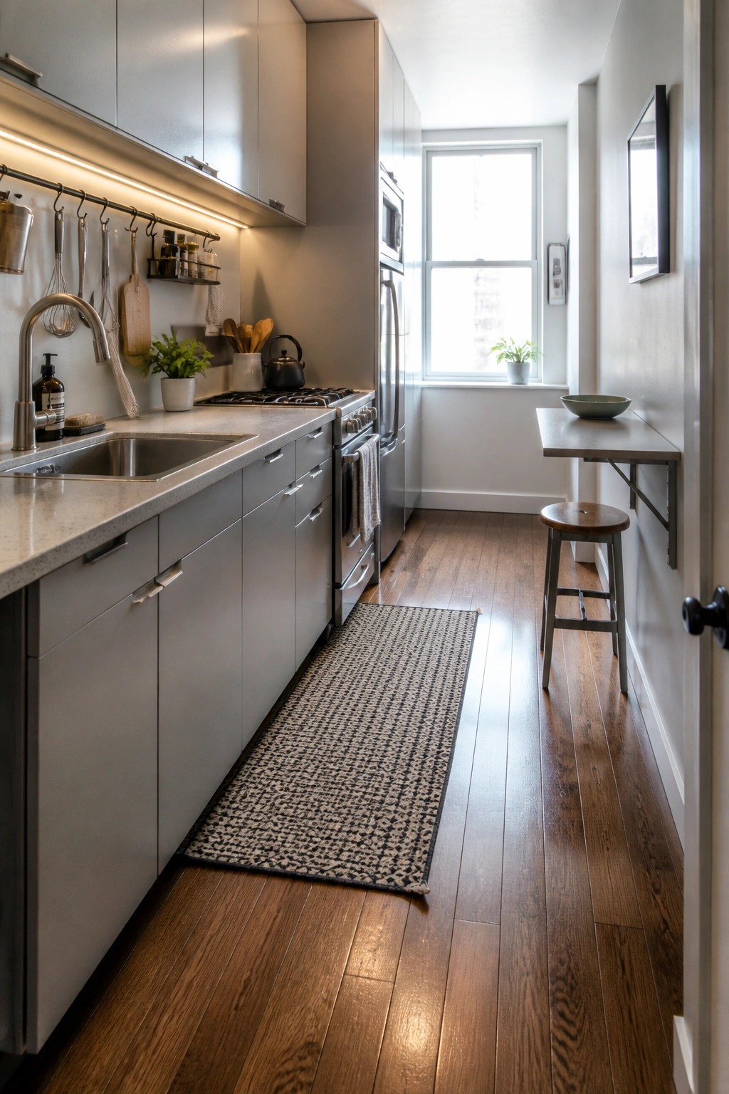 Modern narrow kitchen with gray cabinets, stainless appliances, wood floors, and wall table.