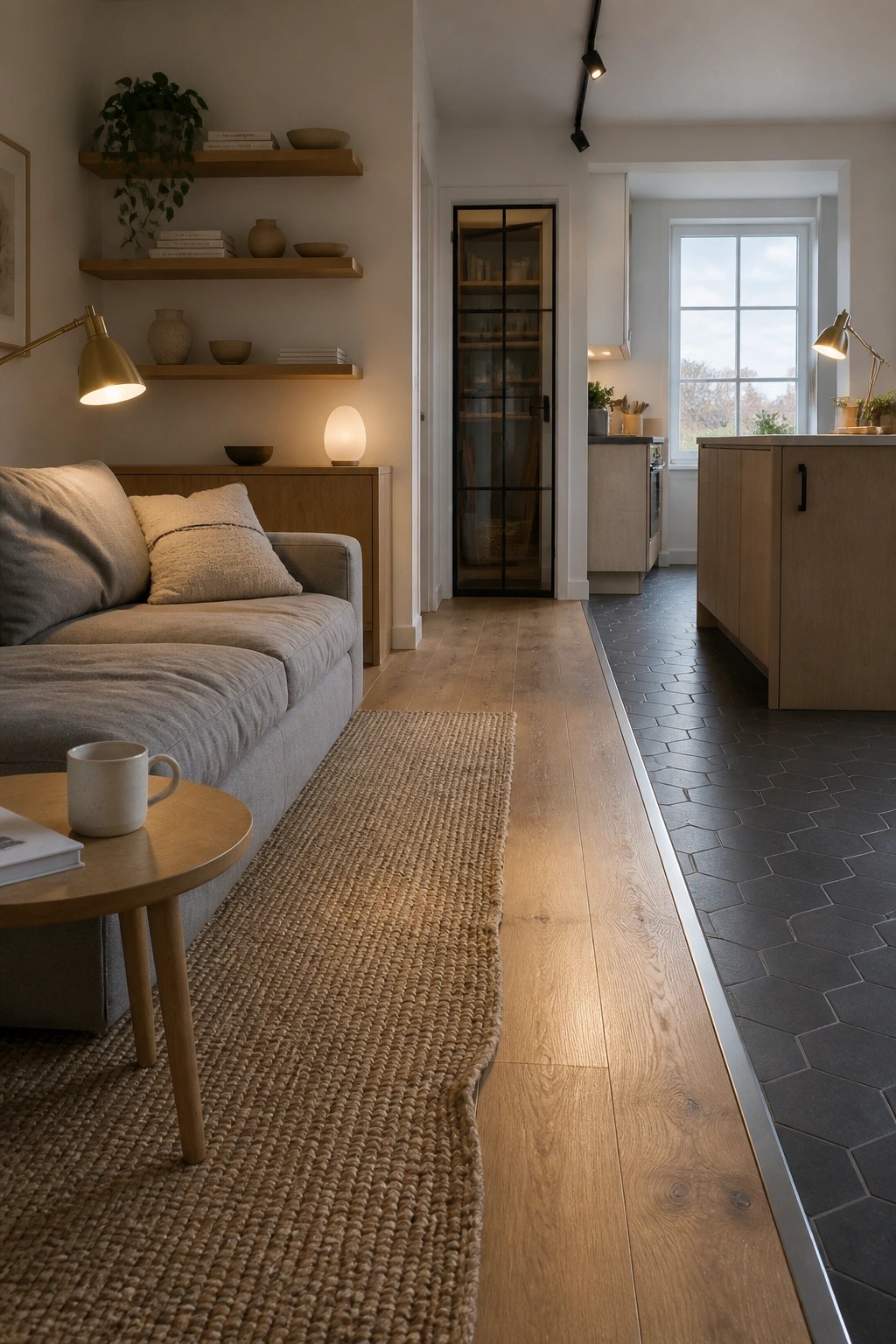 Cozy living room with gray sofa, wooden shelves, coffee table, and kitchen view