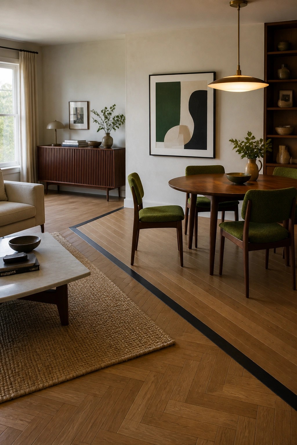 A modern interior with wood herringbone flooring, a black inlay strip marking the transition between living and dining areas, a round wooden dining table with green upholstered chairs, and a marble coffee table on a jute rug in the foreground.