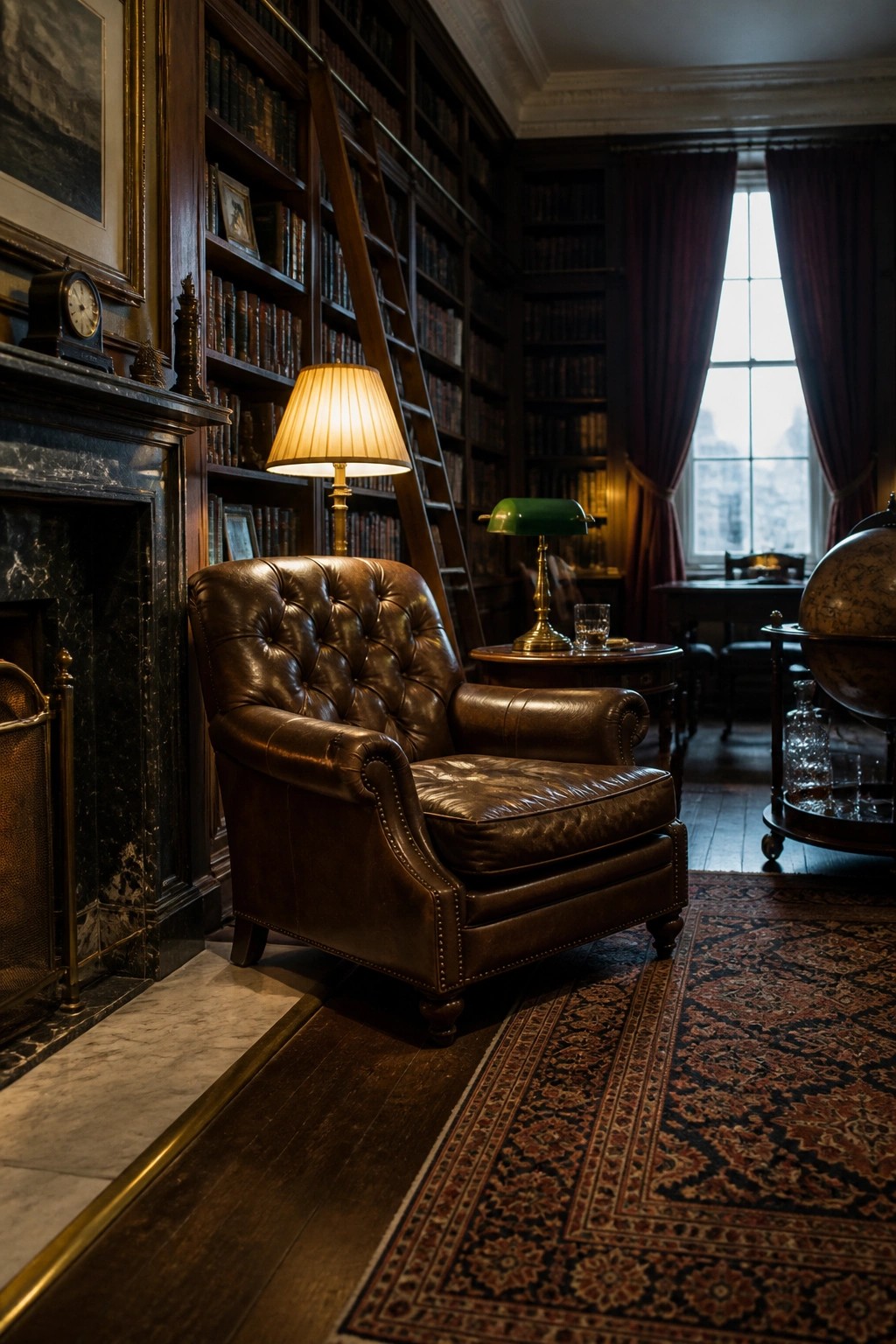 A brown leather armchair sits on a large patterned rug over dark wood flooring in a traditional library with built-in bookshelves and a fireplace.