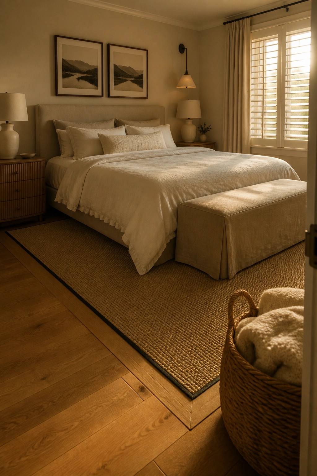 A bedroom with a large bed dressed in white linens, a woven rug covering most of the hardwood floor, and wood visible around the rug edges near the doorway.