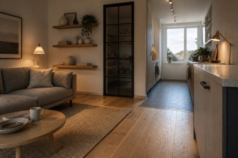 Cozy living room with gray sofa, wooden shelves, coffee table, and kitchen view