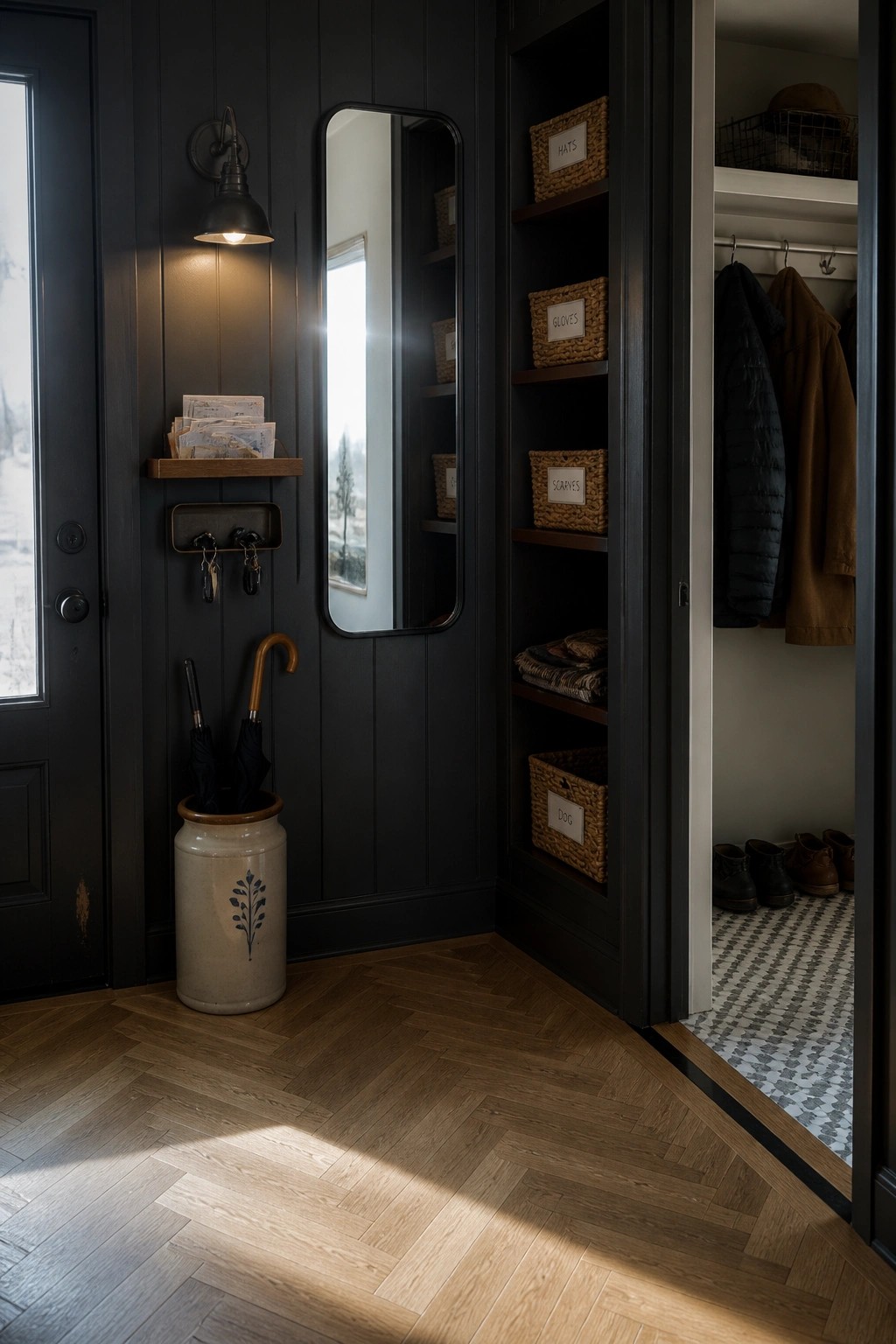 Interior view of a dark entryway with herringbone wood flooring transitioning to black and white patterned tile inside an open closet containing coats, shoes, and labeled baskets.