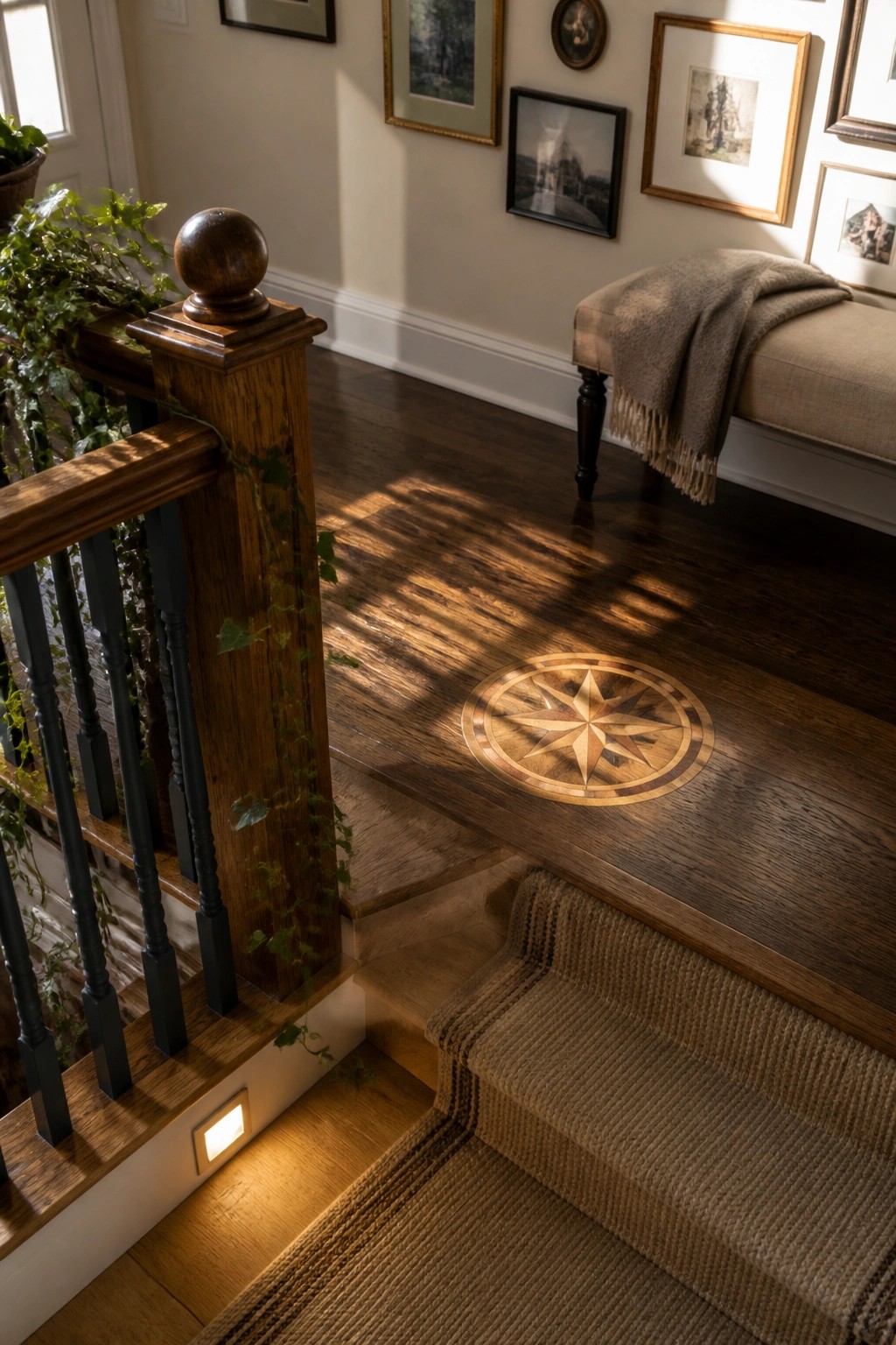 Wooden staircase landing featuring a circular compass rose wood inlay with sunlight casting shadows across the floor and a wooden railing with ivy on the left.