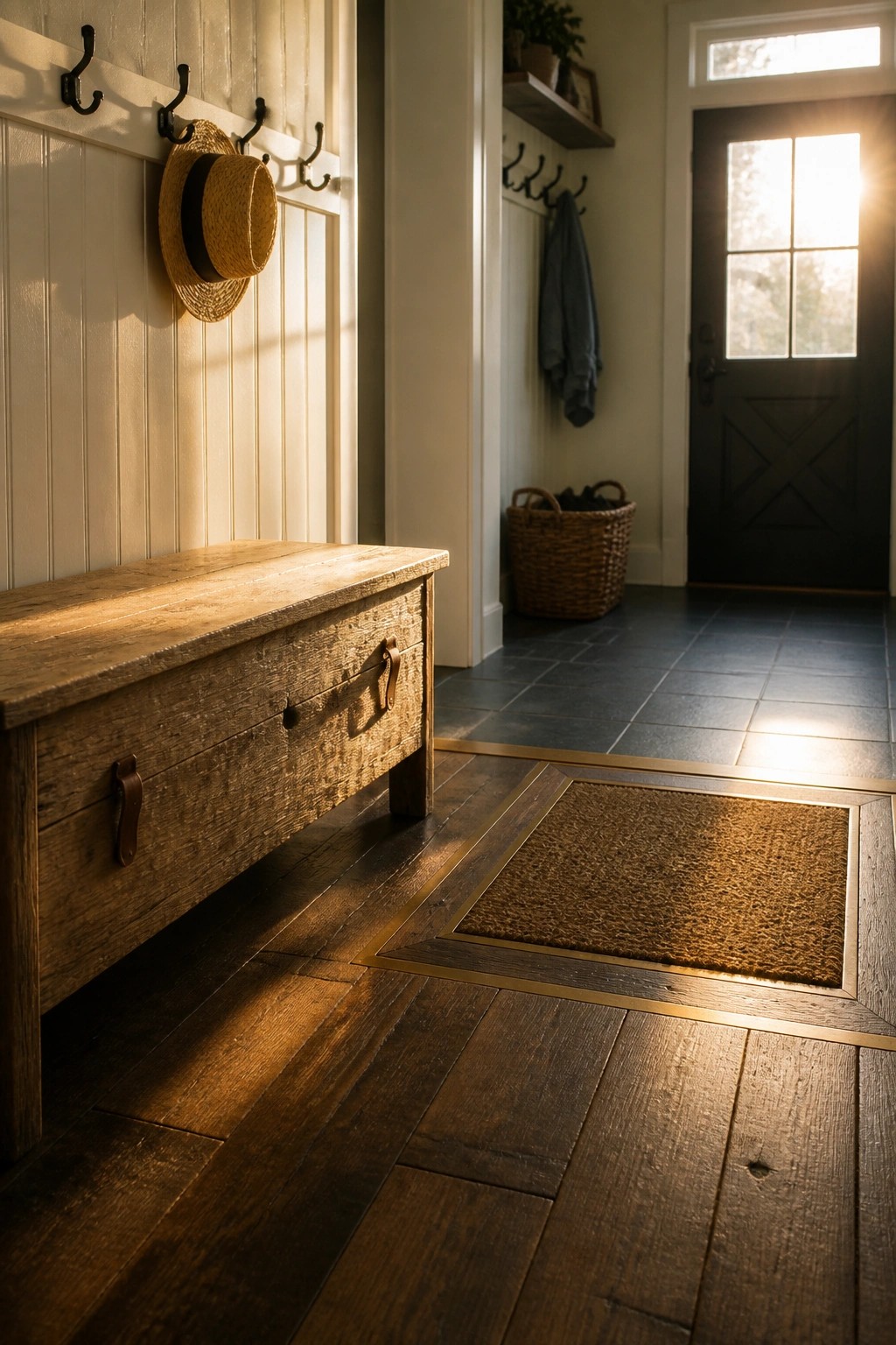 A wooden entry bench sits on dark hardwood flooring beside a recessed doormat bordered with brass trim, with coat hooks and a dark door in the background.