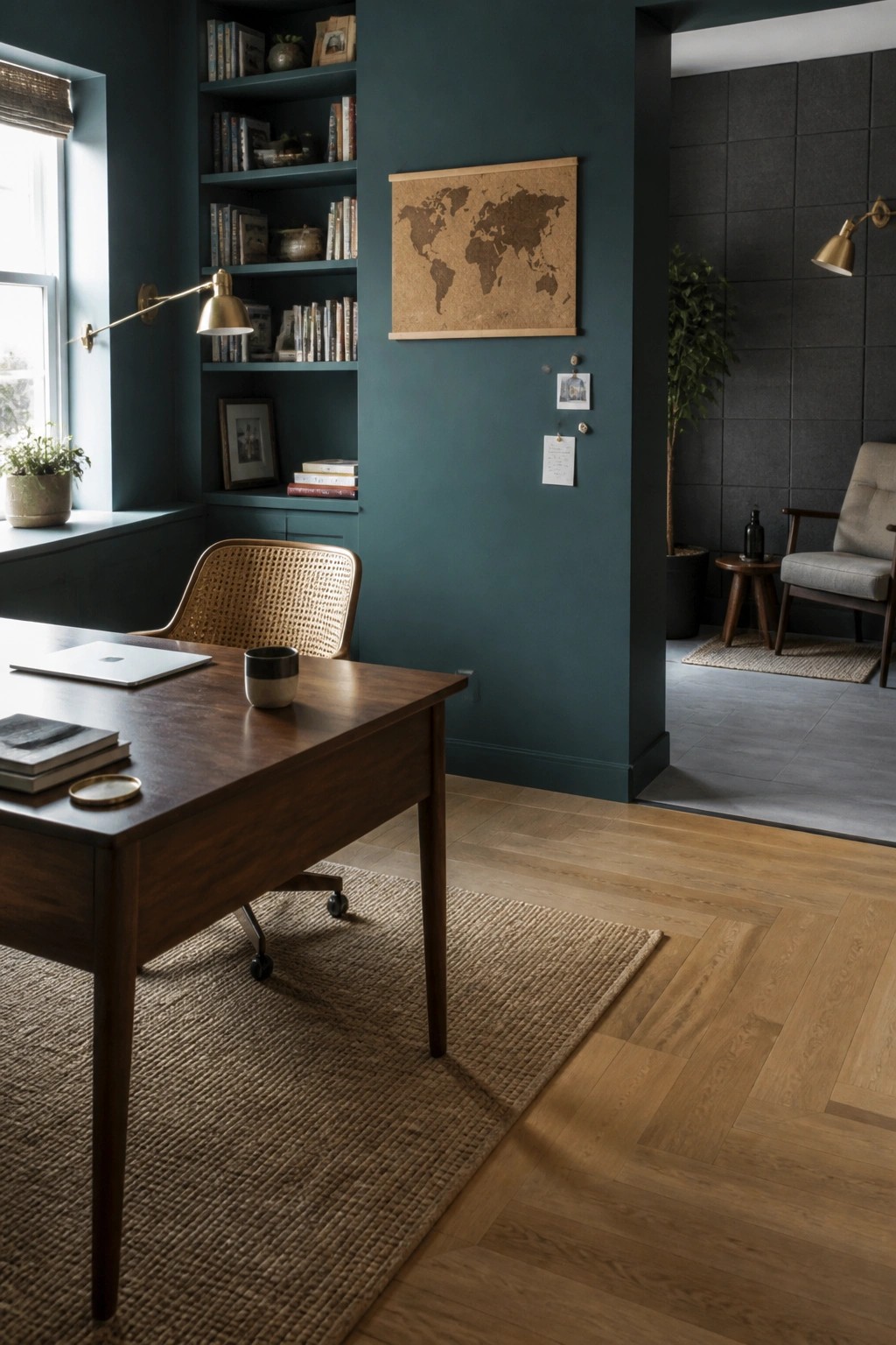Interior view of a home office with dark teal walls, wooden desk on a woven rug, and continuous hardwood flooring extending into an adjacent room.