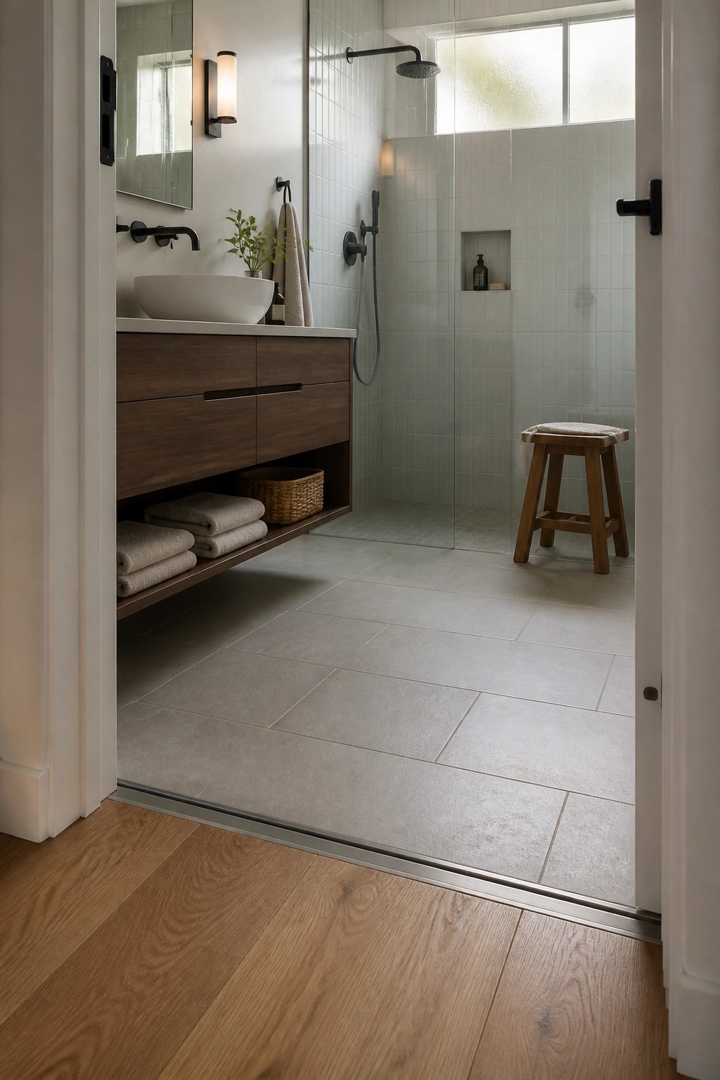 A bathroom interior viewed from hardwood flooring, showing a metal transition strip at the threshold where the wood meets large gray tiles.