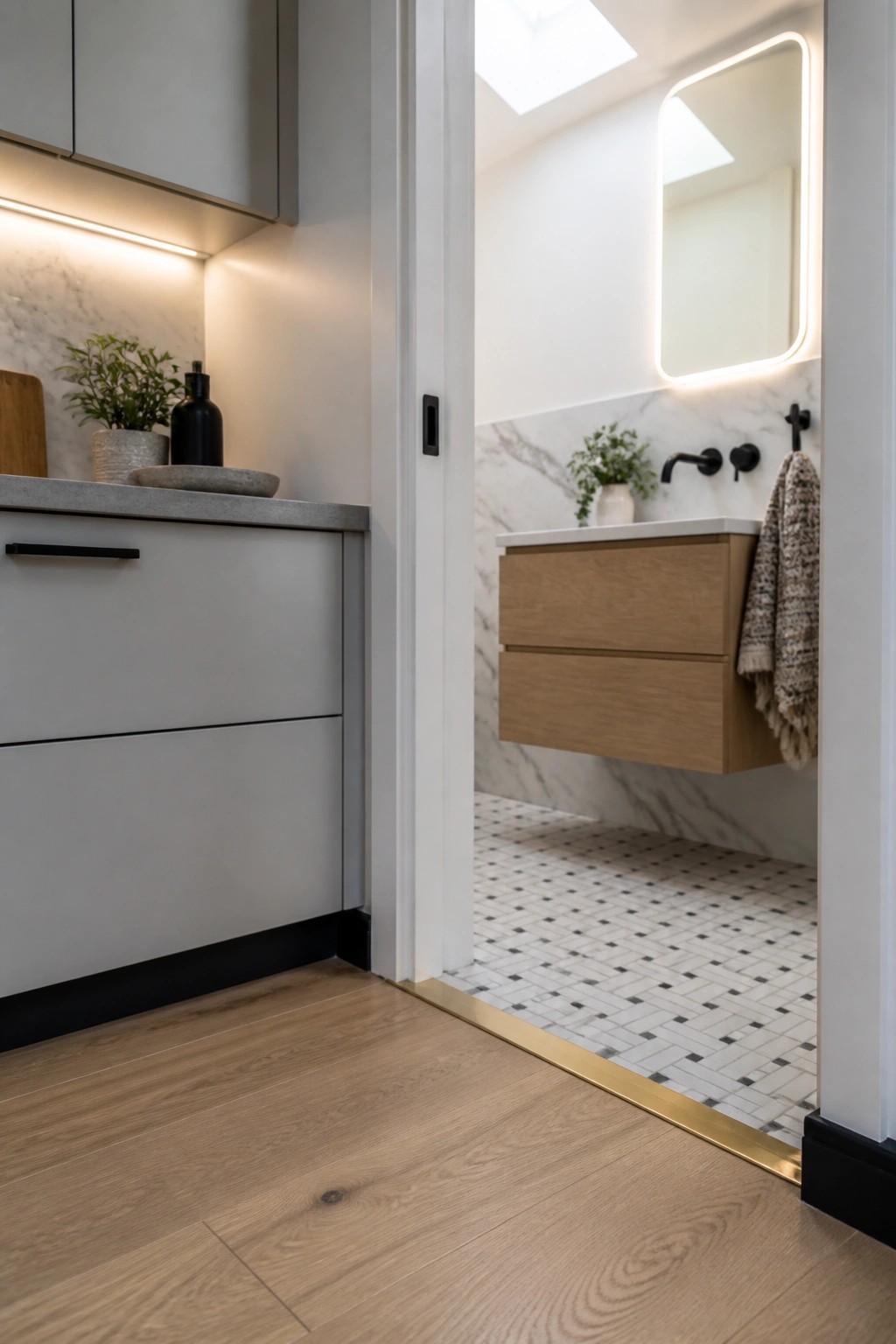A light wood floor meets mosaic tile at a doorway with a brass threshold strip between the two materials.