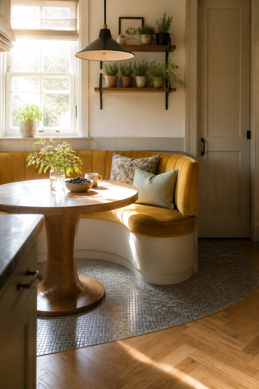 A round wooden pedestal table on a circular mosaic tile inset within a wood floor, next to a curved mustard-yellow upholstered bench with pillows and a vase of greenery.