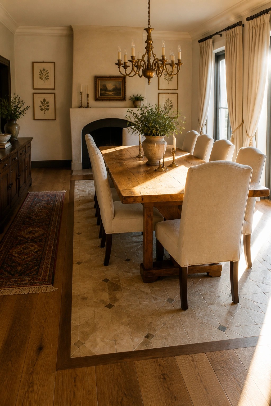 A dining room featuring a long wooden table on a rectangular tiled floor section with a dark wood border, surrounded by upholstered chairs and a large brass chandelier overhead.