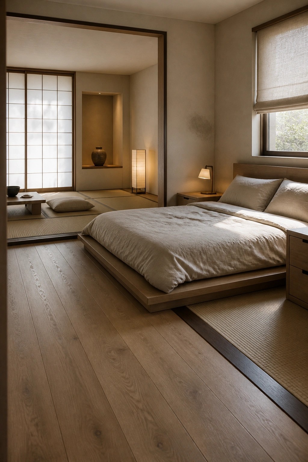 A bedroom featuring light wood flooring that transitions into an adjacent tatami room through an open doorway, with a low wooden platform bed and shoji screens visible.