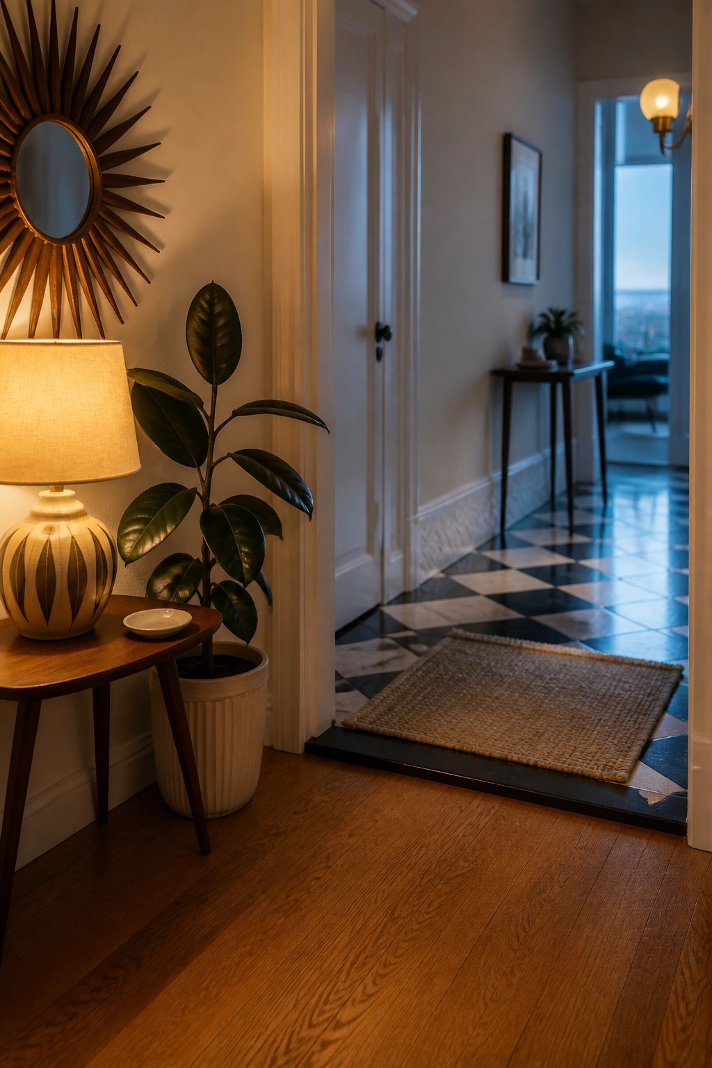 Sunburst mirror, lamp, and potted plant at checkered hallway doorway