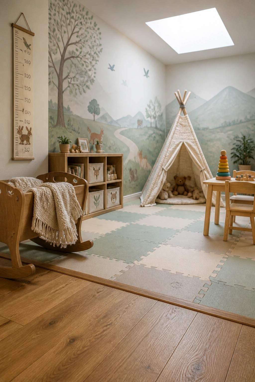 A child's playroom showing hardwood flooring meeting a foam puzzle mat, with a wooden rocking horse on the left and a teepee tent on the mat.