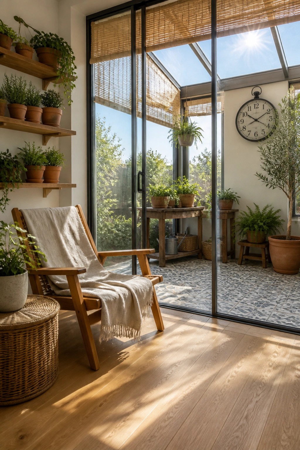 Interior sunroom with light wood flooring, a wooden armchair with a throw blanket, wall shelves holding potted plants, and large glass doors opening to a tiled outdoor area.