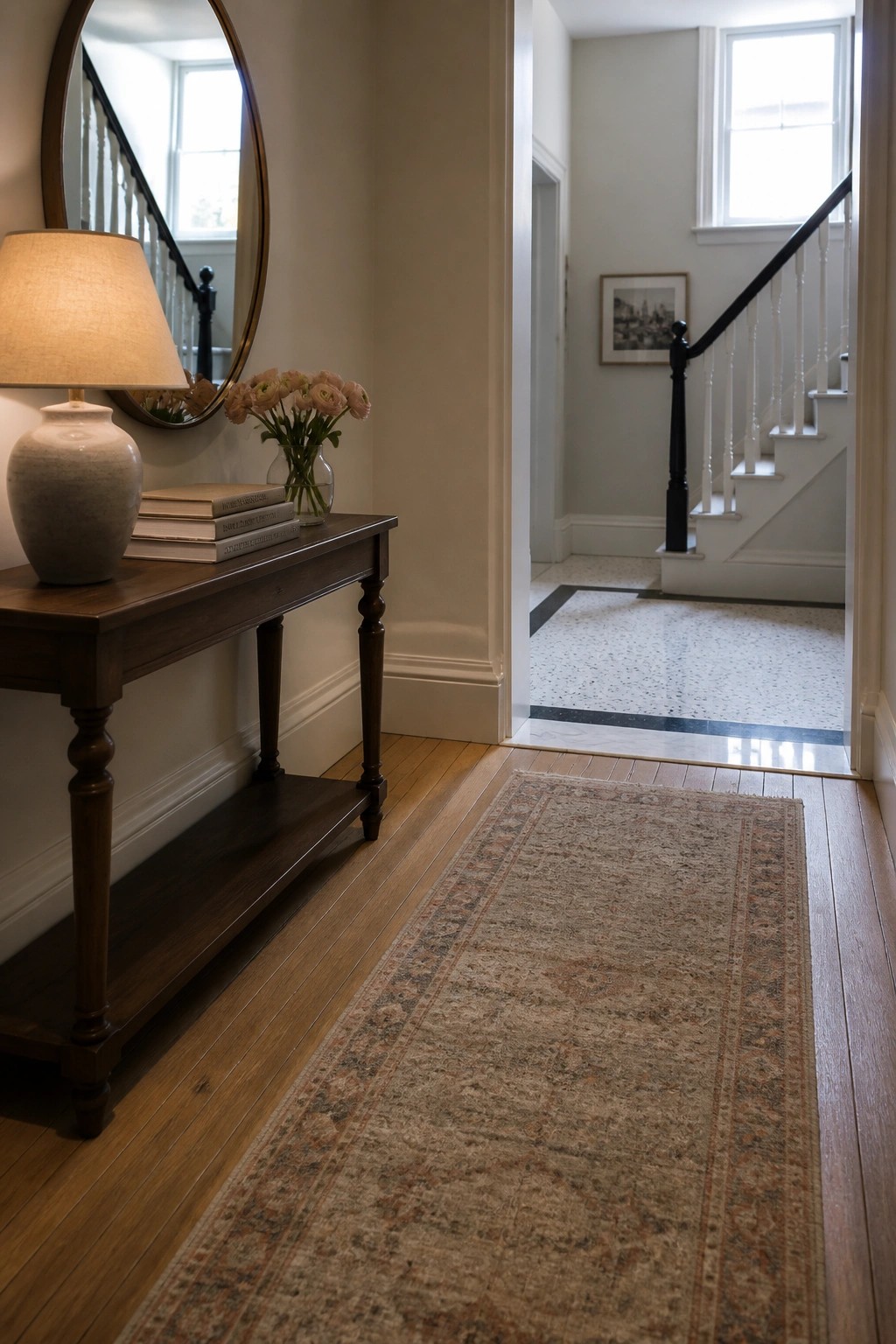 A wood console table with a lamp and flowers sits against a wall on hardwood flooring beside a round mirror, with a patterned rug leading through an open doorway to a terrazzo floor and staircase beyond.