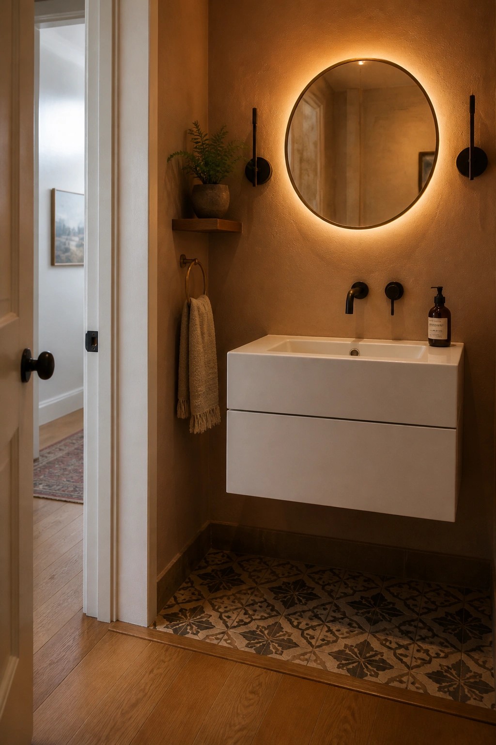 Open doorway showing wood flooring in an adjacent room meeting patterned tile at the threshold of a bathroom with a floating white sink and round backlit mirror.