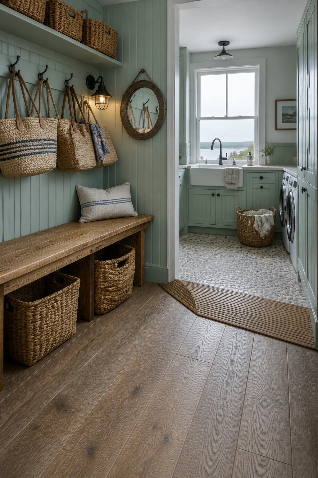 A view from a wood-floored mudroom with a bench and hanging baskets into an adjacent laundry room with green cabinets, a farmhouse sink, and a pebble stone floor, connected by a wooden transition strip.