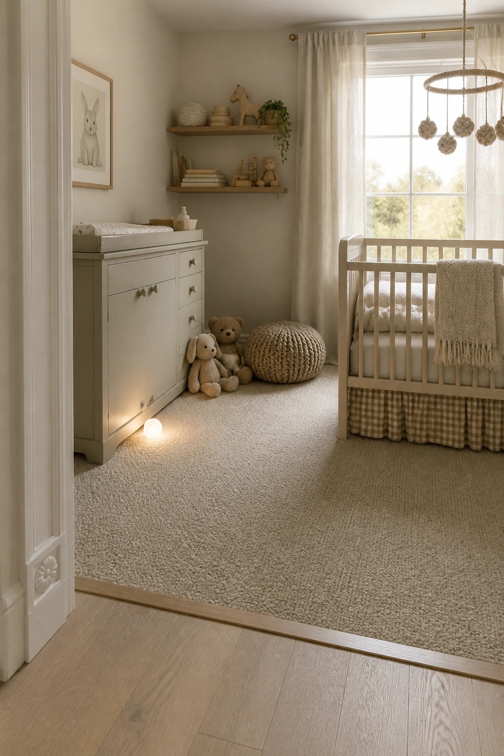 A nursery interior showing light wood flooring at the doorway transitioning to a large beige carpet, with a white crib on the right and a changing table on the left.